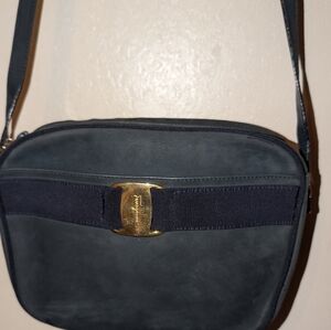 Salvatore Ferragamo Vara Suede Shoulder Bag Blue GUC